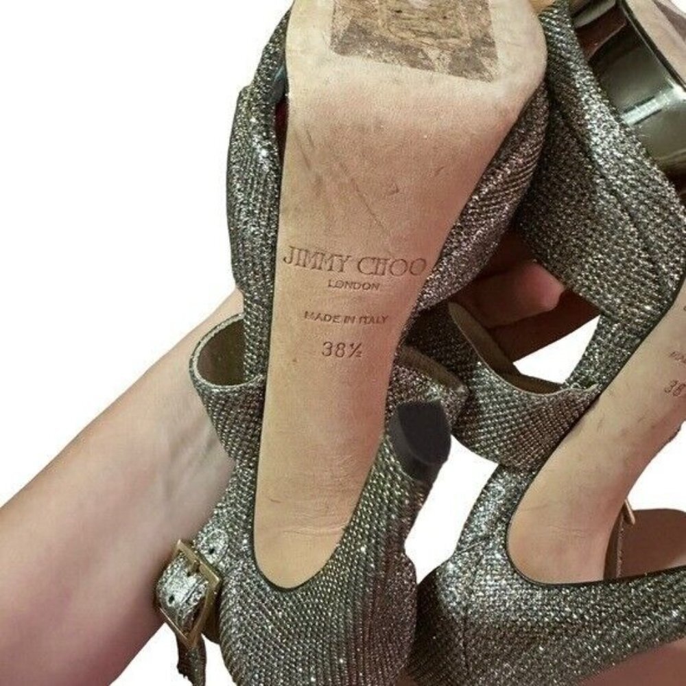 Jimmy Choo Silver Lamé Glitter Kuki Platform Sandals Size 38.5 - Picture 7 of 7